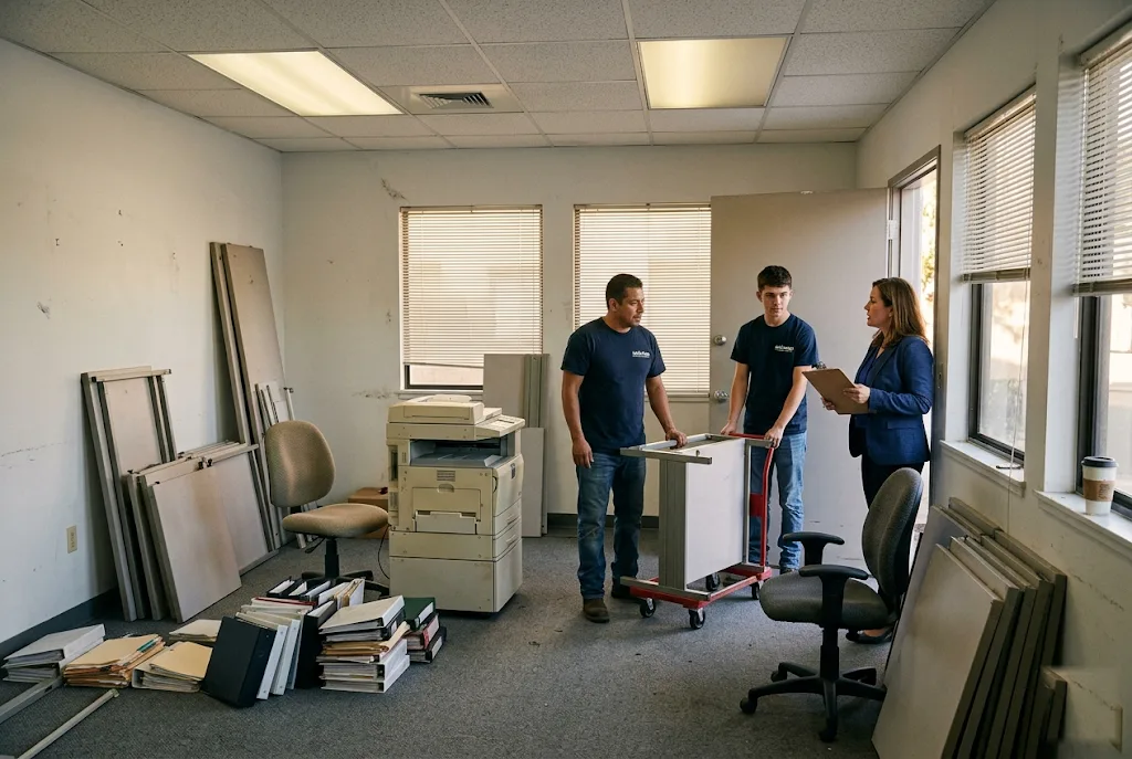 JunkJunkys two-person crew moving a desk on a furniture dolly through an office mid-cleanout, disassembled cubicle panels stacked against the walls, property manager with clipboard reviewing the work, end-of-lease teardown in Carlsbad