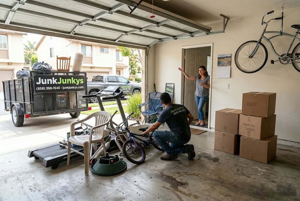 Junk Junkys two-person crew carrying a sofa out of a Mira Mesa townhouse garage to a loaded F-150 and cage trailer at the curb