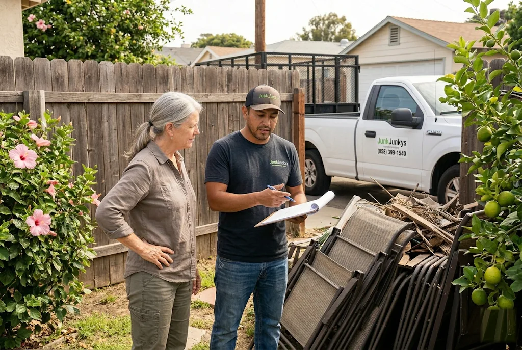JunkJunkys owner walking a Hillcrest customer through an on-site quote, clipboard in hand, pile of patio furniture and yard debris being assessed, F-150 with door decal in the background