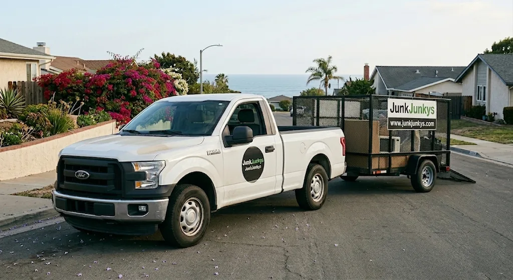 The JunkJunkys Ford F-150 and black cage trailer parked on a coastal Encinitas street with the Pacific in the distance